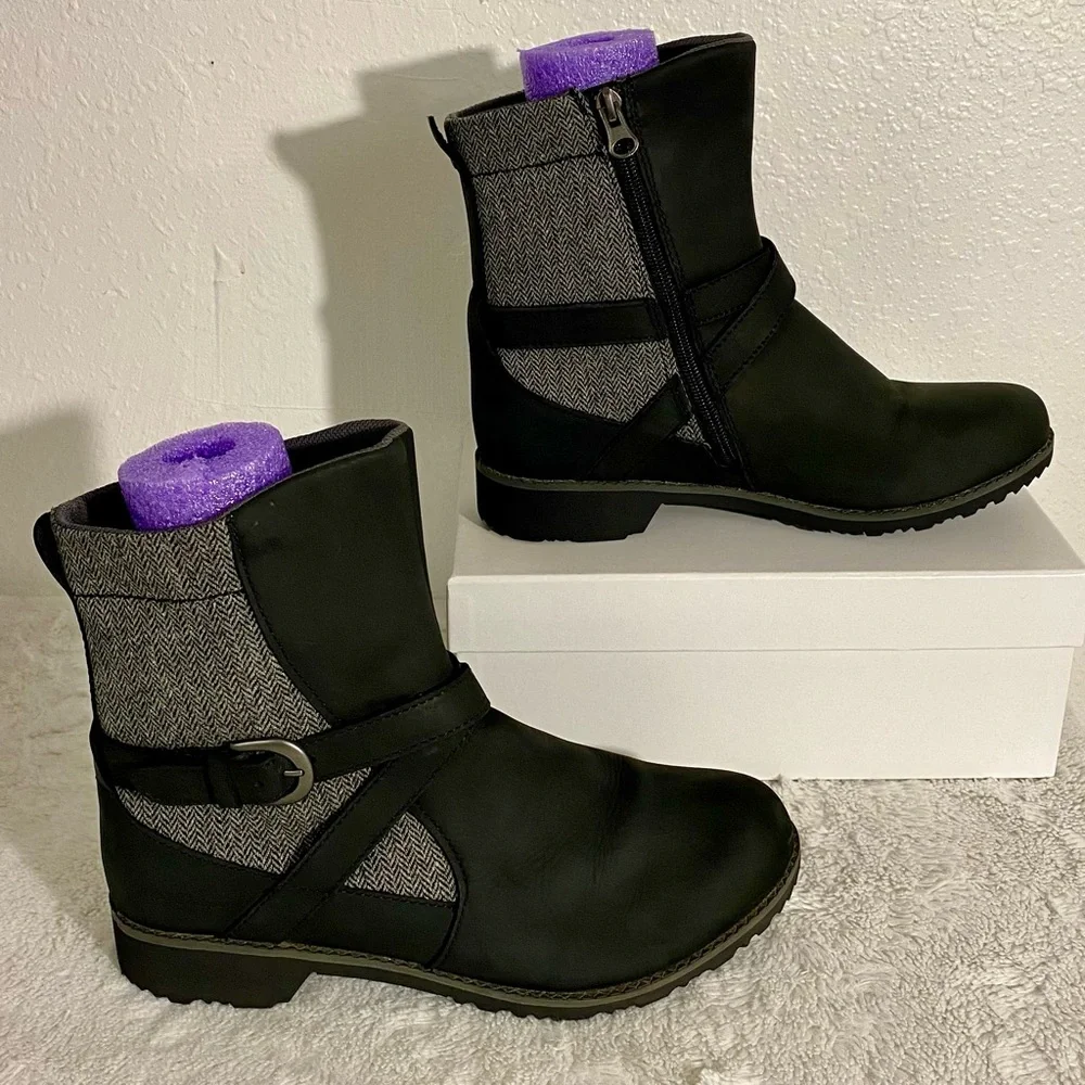 Eddie Bauer Covey 2.0 Boots Women’s Size 8.5 Black Leather Gray Tweed Side Zip